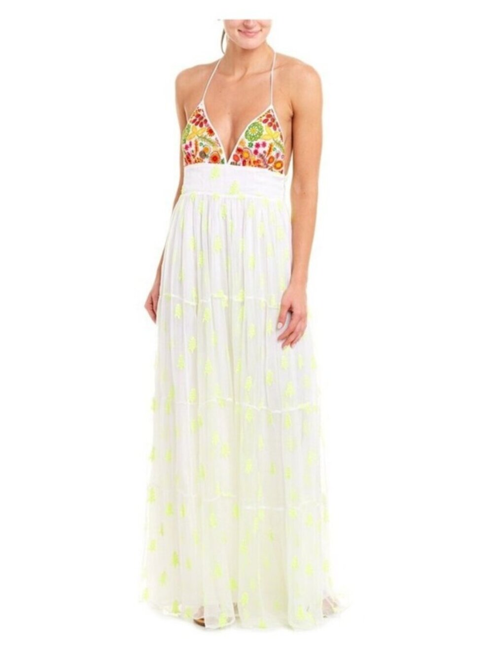 Tessora Lucia Halter Maxi Dress White Embroidered Fringe Tie Anthropologie NWT L